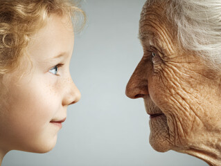 Young girl and elderly woman facing each other with expressions of curiosity and wisdom, symbolizing the connection between generations and life stages