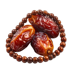 Succulent Dried Dates Fruit Encircled by Polished Wooden Prayer Beads, Traditional Ramadan Iftar Concept Isolated on White