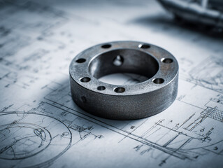 Industrial metal ring component resting on detailed engineering blueprints featuring technical drawings and precise mechanical design plans in a workshop setting