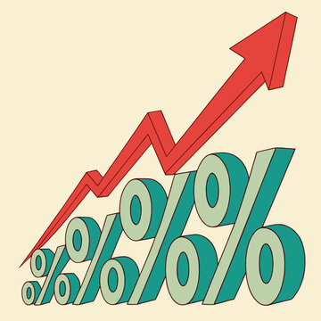 Upward trend graph with percent signs and red arrow