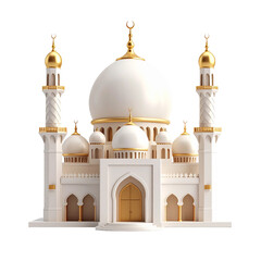 Pristine White Mosque Model with Golden Domes and Minarets, Elegant Islamic Architectural Design Isolated on White Background