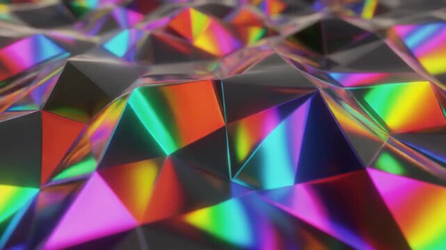 Vibrant geometric shapes reflecting rainbow colors in a kaleidoscope pattern