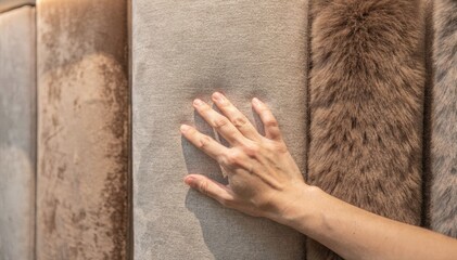 Medium shot of a hand exploring soft fabric panels mounted on a display wall showcasing tactile differences and inviting client interaction with plush gentle textures.