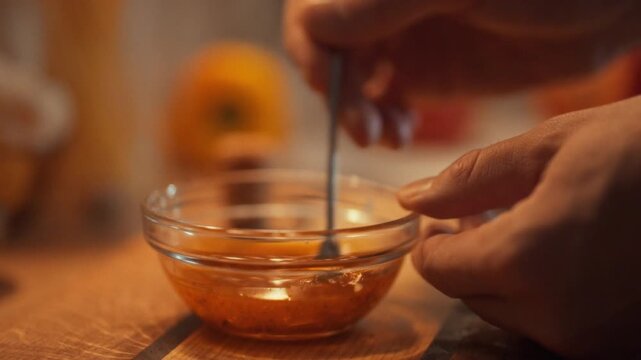 A person carefully blends a homemade marinade sauce, combining garlic, oil, and assorted seasonings to create a velvety texture and enticing aroma, enriching the sauce's flavor profile