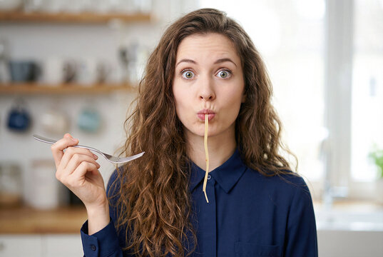 Funny young woman slurping spaghetti noodle with surprised face in kitchen