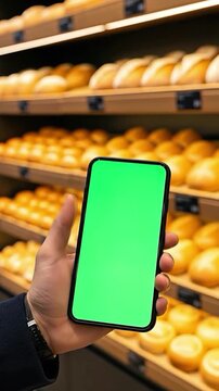 Hand holding green screen smartphone in bakery aisle with fresh bread loaves on shelves