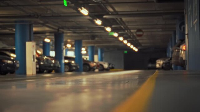 Cars occupy empty parking spaces in a covered parking garage at a shopping center. Bright lights illuminate the lane markings. A safe car storage concept