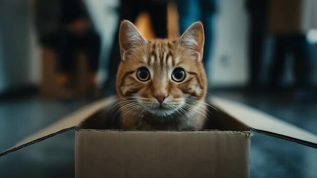 Charming orange cat enjoys the comfort of a cardboard box, creating a cute and relatable scene. The soft lighting and homey background add warmth and a sense of everyday joy to the image