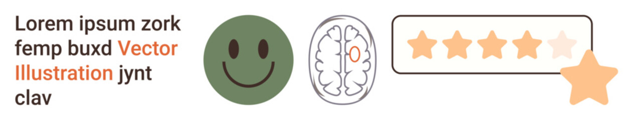 Fototapeta premium Feedback systems, mental health, neuroscience, user experience, ratings, self-evaluation. Green happy face, brain diagram five-star rating. Feedback systems and mental health concept