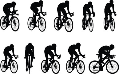 Fototapeta premium Collection of Cyclist Silhouettes in Various Riding Poses Keywords: silhouette, cyclist, cycling, bicycle, bike, rider, sport