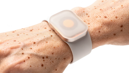 Closeup of a sleek wearable UV sensor patch designed for wrist placement isolated on white background highlighting its compact size and skinfriendly material for freckle