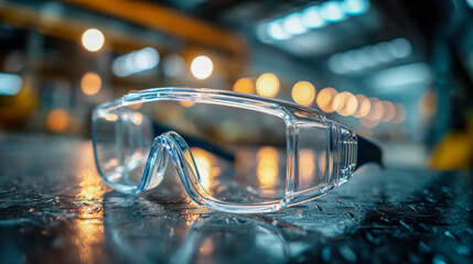 Protective transparent safety glasses resting on a textured metal surface with blurred industrial workshop lights in the background for workplace safety