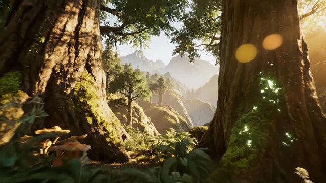 Magical mountain forest with the trees growing on hills . Warm sunbeams illuminating the trunks and lovely plants. Gimbal shot with parallax effect.