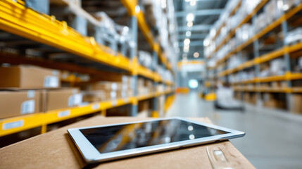 Computer tablet on blurred warehouse background, inventory management technology stock photo, logistics operations, supply chain management, distribution center, digital interface,