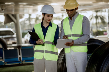 An expert aviation mechanic leads a professional crew in a hangar, examining a jet engine to ensure safety and maintenance efficiency.