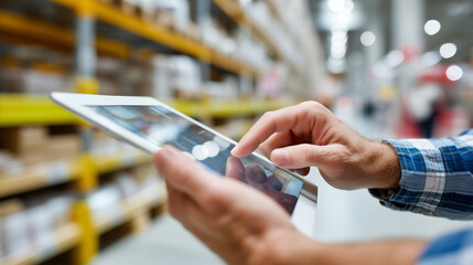 Computer tablet on blurred warehouse background, inventory management technology stock photo, logistics operations, supply chain management, distribution center, digital interface,