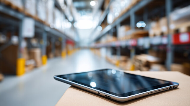 Computer tablet on blurred warehouse background, inventory management technology stock photo, logistics operations, supply chain management, distribution center, digital interface, - Powered by Adobe