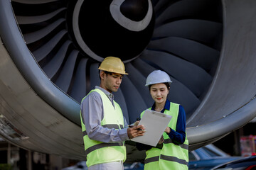 An expert aviation mechanic leads a professional crew in a hangar, examining a jet engine to ensure safety and maintenance efficiency.
