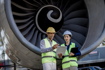 An expert aviation mechanic leads a professional crew in a hangar, examining a jet engine to ensure safety and maintenance efficiency.