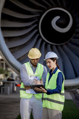 An expert aviation mechanic leads a professional crew in a hangar, examining a jet engine to ensure safety and maintenance efficiency.