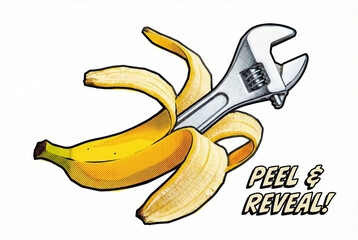 Surreal pop art comic style illustration of peeled yellow banana revealing silver adjustable wrench tool inside with Peel and Reveal text