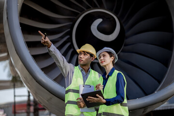 An expert aviation mechanic leads a professional crew in a hangar, examining a jet engine to ensure safety and maintenance efficiency.