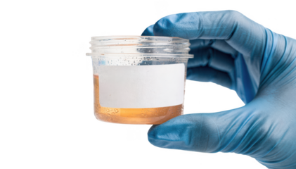 Closeup of a labeled biopsy specimen container in a technicians gloved hand set against a softly focused laboratory backdrop highlighting meticulous sample preparation and