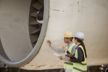 An expert aviation mechanic leads a professional crew in a hangar, examining a jet engine to ensure safety and maintenance efficiency.