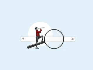 A young woman with a binoculars stands on a big magnifying glass. Isolated free search area. Searching for information on the internet concept.