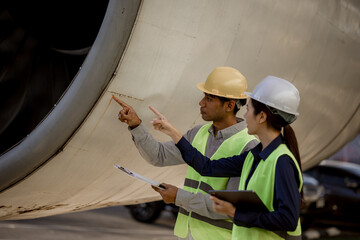 An expert aviation mechanic leads a professional crew in a hangar, examining a jet engine to ensure safety and maintenance efficiency.