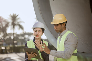 An expert aviation mechanic leads a professional crew in a hangar, examining a jet engine to ensure safety and maintenance efficiency.