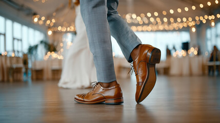 Dynamic shot of a European groom dancing with the bride at the wedding reception. He is wearing a suit and brown leather shoes, spinning on a polished wooden dance floor, gazing te