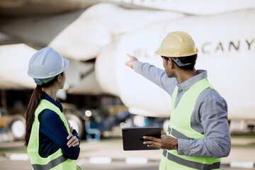 An expert aviation mechanic leads a professional crew in a hangar, examining a jet engine to ensure safety and maintenance efficiency.