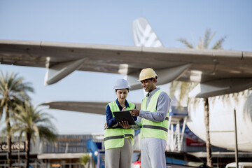 An expert aviation mechanic leads a professional crew in a hangar, examining a jet engine to ensure safety and maintenance efficiency.