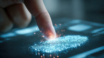 Fingerprint recognition technology showing a futuristic and glowing digital biometric authentication with a person?s finger pressing on a sensor keypad