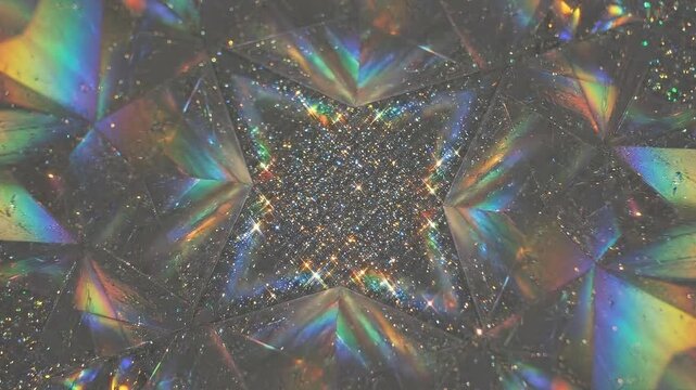 A kaleidoscope pattern of colorful, shiny, geometric shapes reflecting light in a vibrant, abstract, crystal formation viewed from directly above.