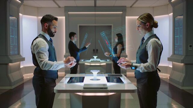 laboratory table with holographic prototypes and engineers testing gestures, technicians examine virtual model and controls, precise assembly planning, prototype evaluation in modern workshop