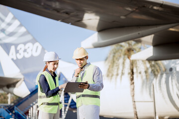 An expert aviation mechanic leads a professional crew in a hangar, examining a jet engine to ensure safety and maintenance efficiency.
