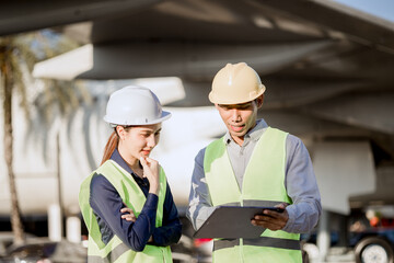 An expert aviation mechanic leads a professional crew in a hangar, examining a jet engine to ensure safety and maintenance efficiency.