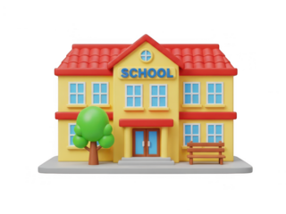 Bright school building with tree and bench isolated on transparent background
