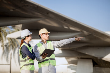 An expert aviation mechanic leads a professional crew in a hangar, examining a jet engine to ensure safety and maintenance efficiency.