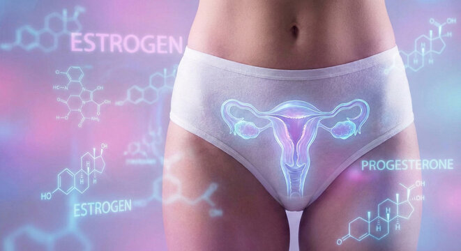 Female sexual health observation with estrogen hormone and chemicals overlay on belly