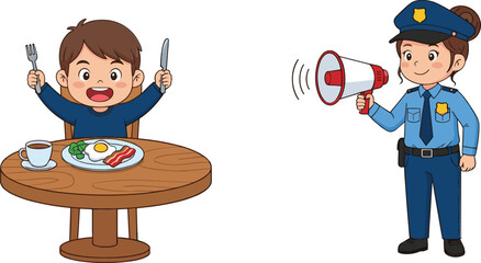 Cute cartoon illustration showing hungry boy eating breakfast and female police officer using megaphone isolated vector