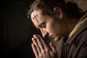 Ash Cross on Forehead During Prayer with Soft Shadows
