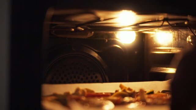 A baking tray is carefully loaded into a cozy kitchen stove, surrounded by warm interior comfort, as the cooking process begins, filling the space with inviting aromas