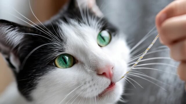 Charming domestic cat with vivid green eyes focuses intently on a dangling string, showcasing its playful nature. The macro perspective highlights the animal's soft fur and inquisitive personality