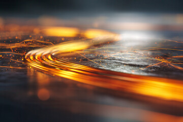 Glowing orange copper wires illuminated on a dark textured surface with dynamic light trails in a futuristic technology concept background