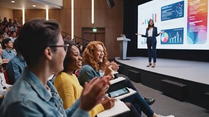 Woman presenting data charts to an audience in a modern conference hall