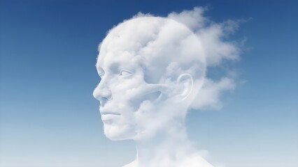 Human head made of clouds against a blue sky representing thought and consciousness.