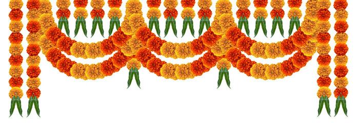 Marigold hanging flowers hindu festive devotional entrance gate for decorative invite